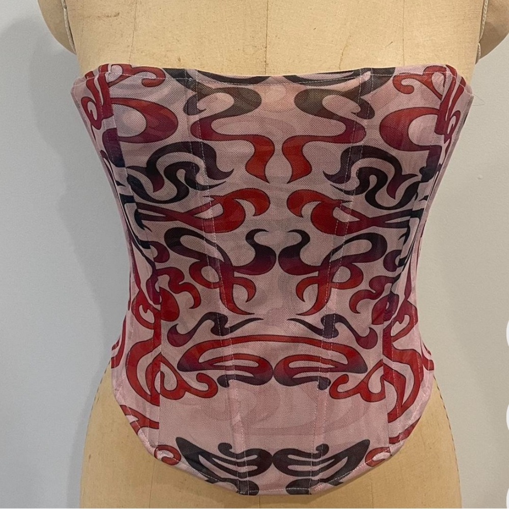 miaou x urban outfitters pink red flame corset top strapless structured